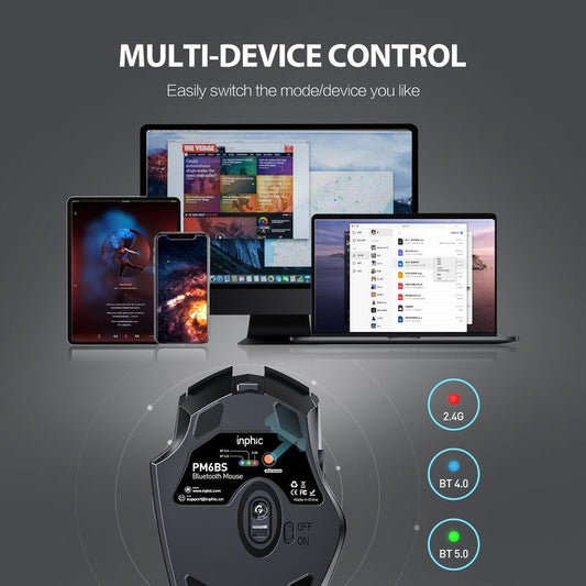 INPHIC Pm6Bs Mouse, 3 Modes Bluetooth 5.0&4.0 and 2.4G Rechargeable Wireless Mouse with 6 Buttons, Ergonomic Computer Mouse for Laptop, Mac, PC, Etc.